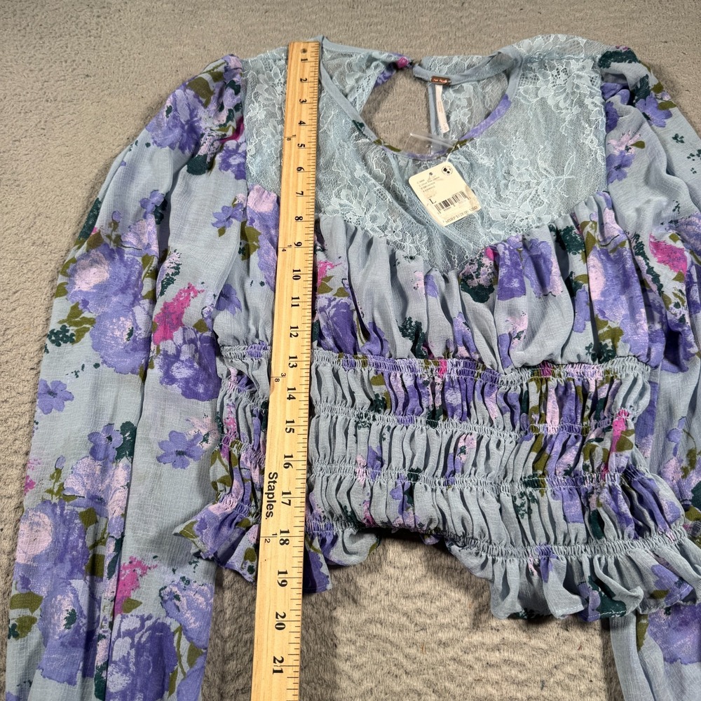 Free People Top Blouse Women Large Daphne Blue‎ Floral Lace Smocked Cropped Boho - Picture 8 of 10